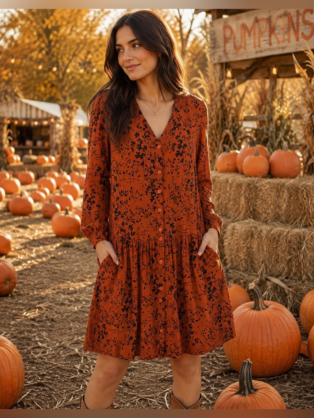 Garnet Hill Rust Black Floral Button Front Viscose Dress with Pockets Size 8